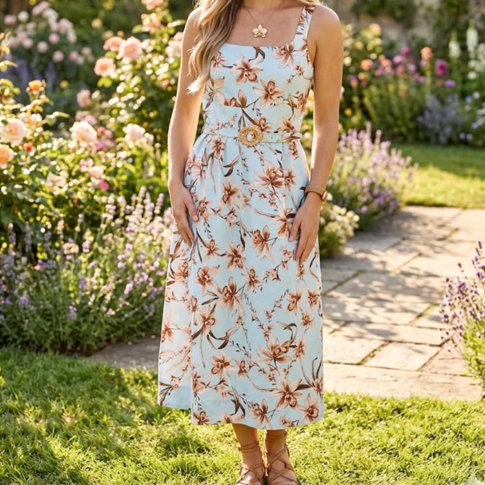 Floral Square-Neck Midi Dress — Light Blue with Tan Floral Print